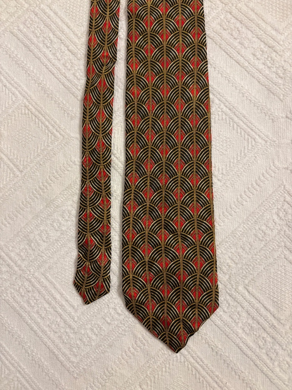 Zianatti Vintage Art Deco Silk Necktie Red Black Gold Fan Motif